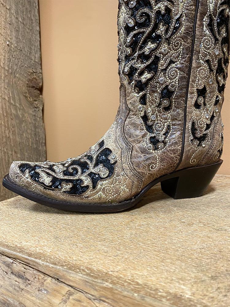 Rhinestones Cut-out Embroidery Snip-toe Wide Calf Cowgirl Boots