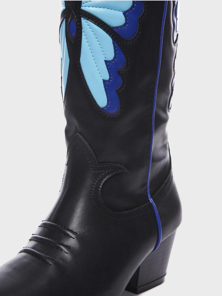 Contrast Butterfly Wing Inlay Stitch Pointed Toe Wide Mid Calf Cowgirl Tall Boots