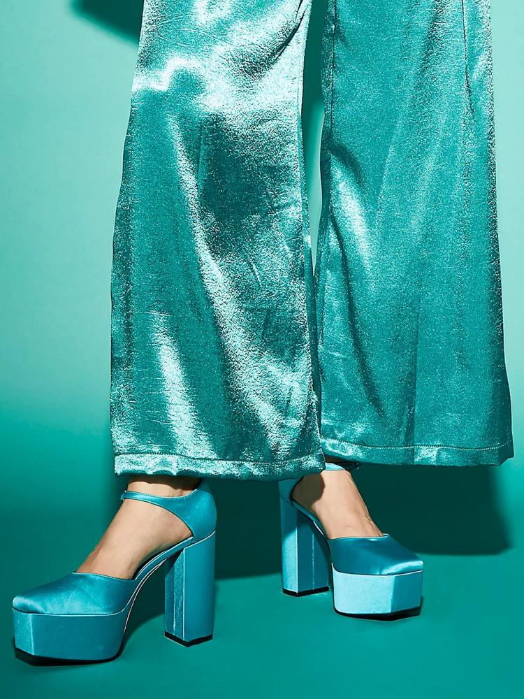 Turquoise Satin Square Toe Platform Block Pumps With Buckled Ankle Strap