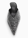 Black Rhinestone Pumps Backless Slip-On Pointy Kitten Heel Mules