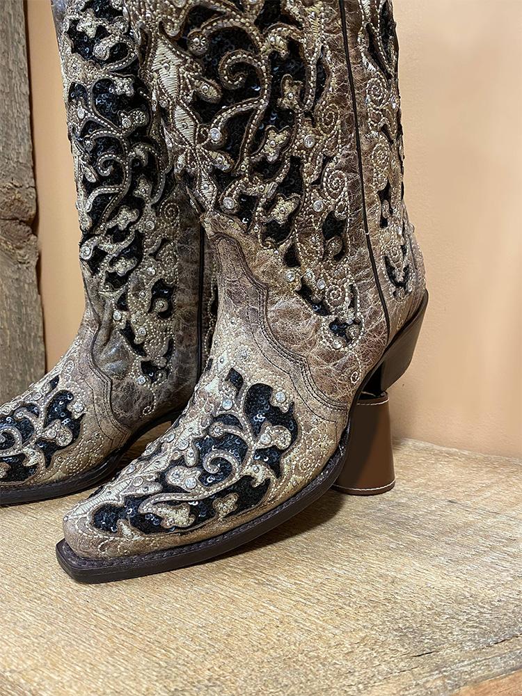 Rhinestones Cut-out Embroidery Snip-toe Wide Calf Cowgirl Boots