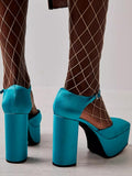 Turquoise Satin Square Toe Platform Block Pumps With Buckled Ankle Strap