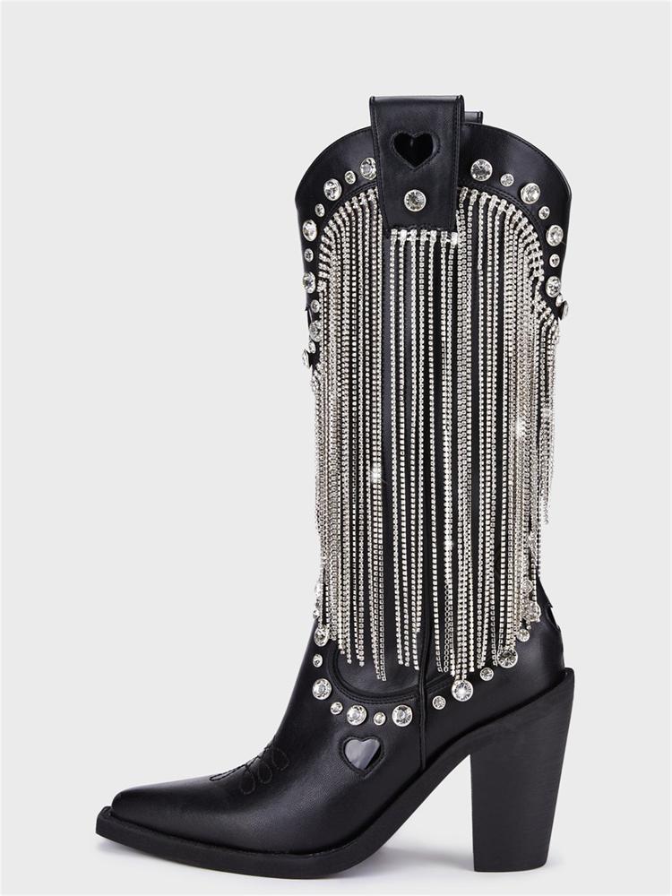 Rhinestone Fringe Pointy Zip Mid-Calf Cowgirl Boots