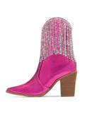 Metallic Hot Pink Rhinestone Tassel Zip Ankle Boots Pointy Block Heeled Cowgirl Boots