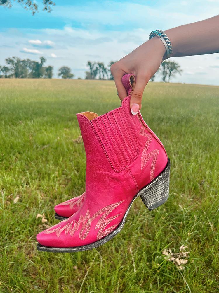 Pink Embroidered Elastic Side Panel Snip Slip-On Western Ankle Boots