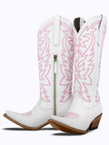 Pink Embroidered Snip Toe Zip Western Mid Calf Boots In White