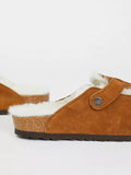 Faux Suede Buckle Fluffy Flat Mules Faux Shearling Lined Open-Back Comfy Cork Clogs