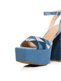 Blue Denim Stitch Patchwork Open-toe Platform Sandals With Buckle Ankle Strap