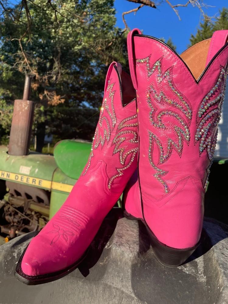 Pink Rhinestone Snip Toe Slanted Heel Cowgirl Mid Calf Boots