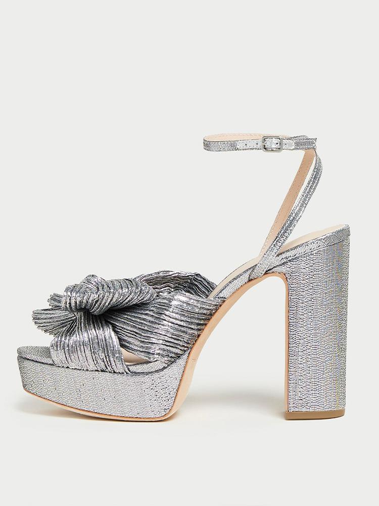 Pleated Bow Round Block Heeled Platform Sandals For Wide Feet - Metallic Silver & White