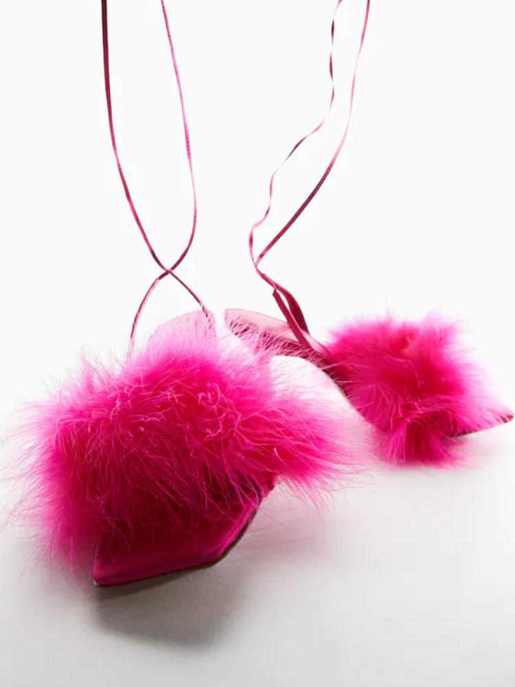 Pink Fluffy Feather Square Toe Flared Heeled Sandals Lace Up Gladiators