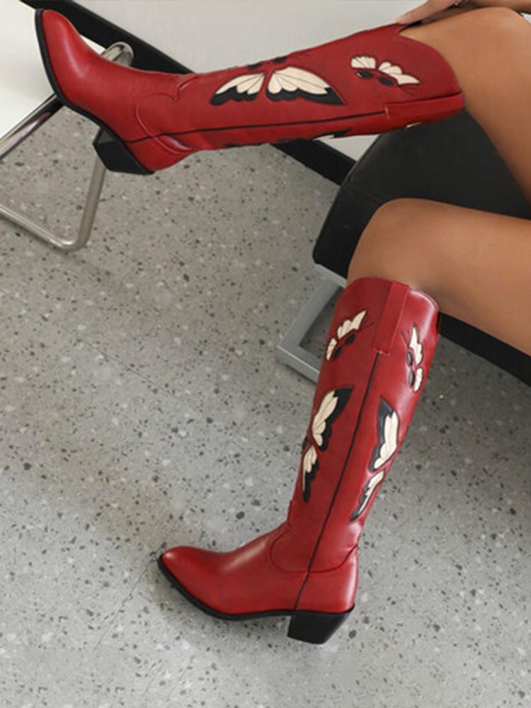 Butterfly Embroidery Pointed-toe Chunky Heels Wide Slip-on Knee High Cowgirl Boots