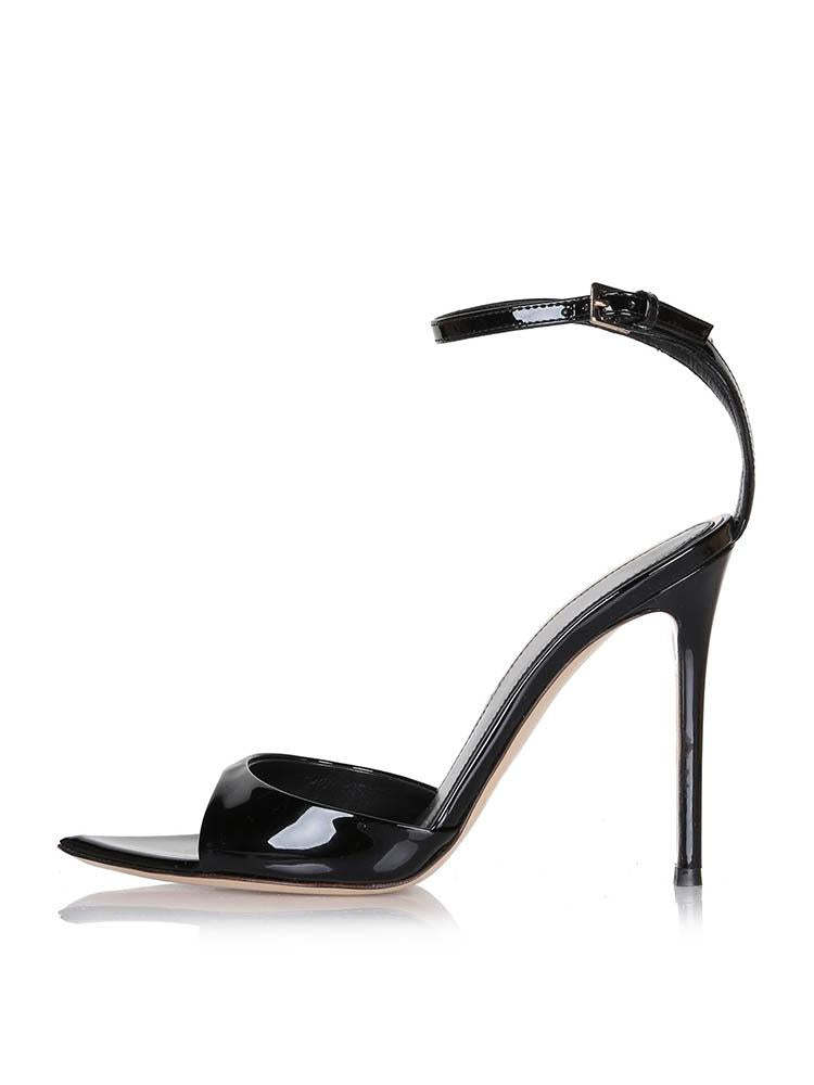 Black Patent Pointy Stiletto Heeled Dress Sandals With Buckle Ankle Strap