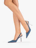 Denim Blue Pointy Slingback Pumps With Metallic Silver Stiletto Heel