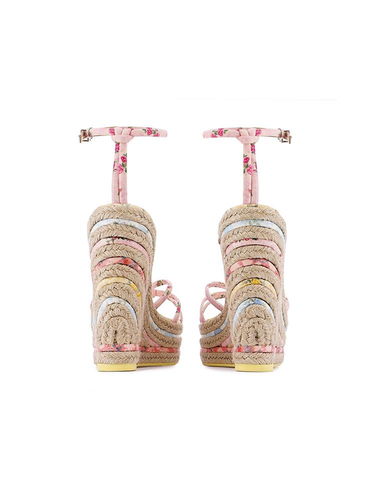 Pink Floral Multi Bands Knot Open-toe Espadrille Wedge Sandals With Buckle Ankle Strap