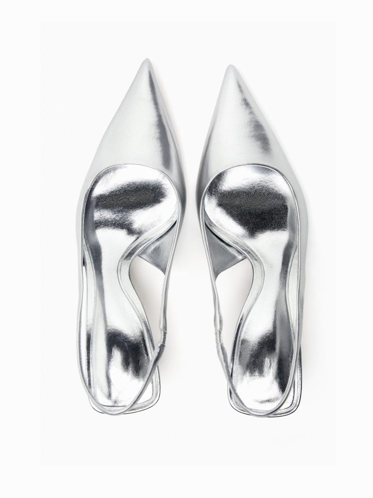 Metallic Silver Pointy Kitten Slingback Pumps For Women