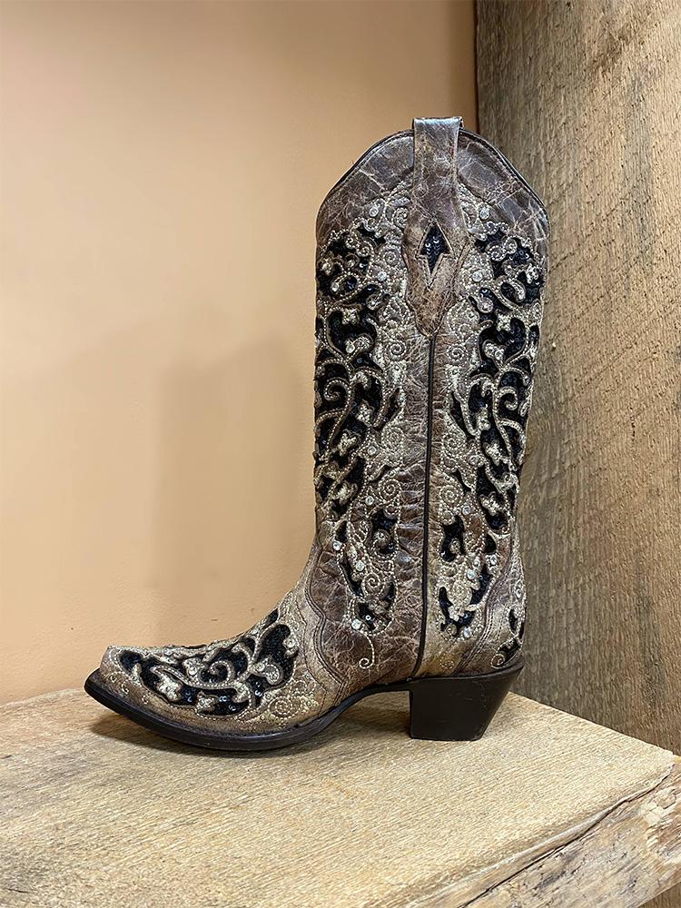 Rhinestones Cut-out Embroidery Snip-toe Wide Calf Cowgirl Boots