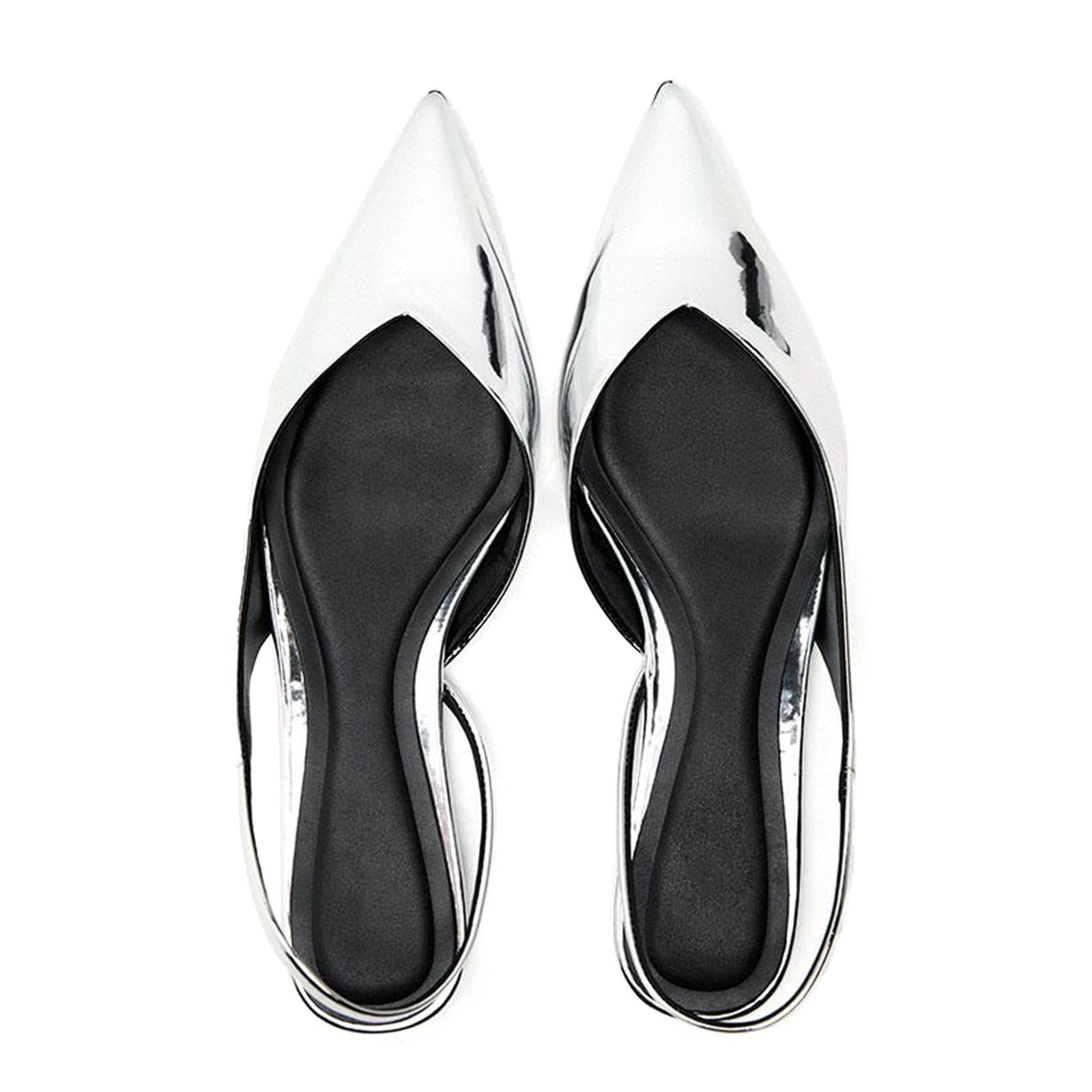 Metallic Silver Slingback Pointed Toe Flats For Women