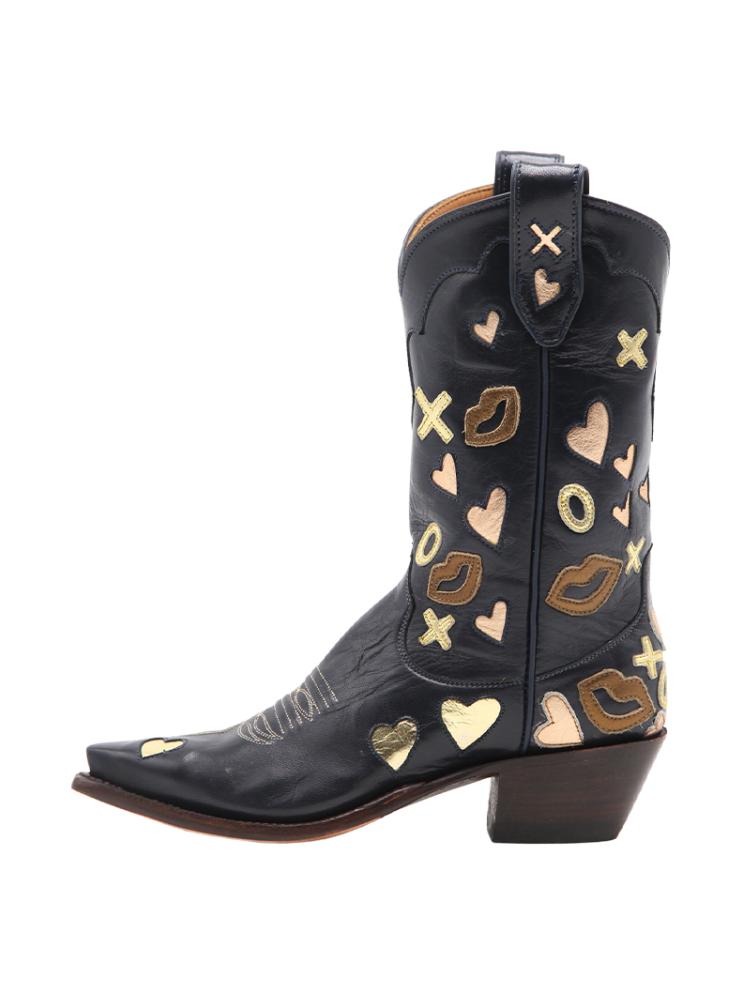 Pink Heart Lips Stitch Slanted Heel Snip Toe Western Mid Calf Boots