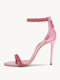 Metallic Pink Rhinestone Braid Strap Stiletto Heeled Sandals With Ankle Strap Round Toe Zip