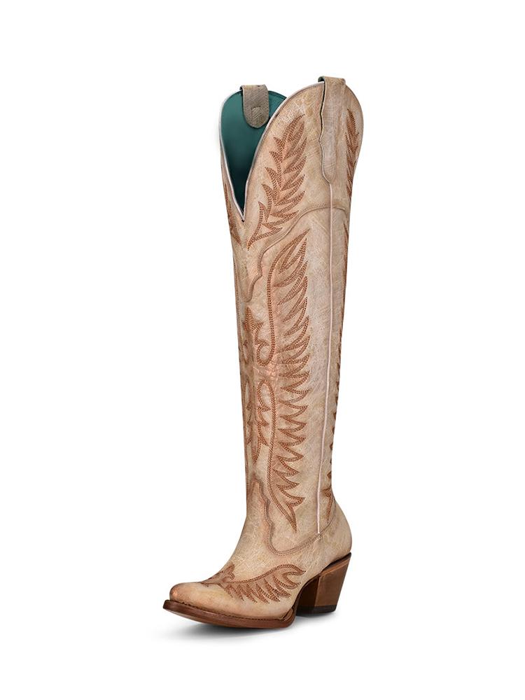 Distress Wing Embroidered Zip Pointy Knee-High Cowgirl Tall Vintage Boots