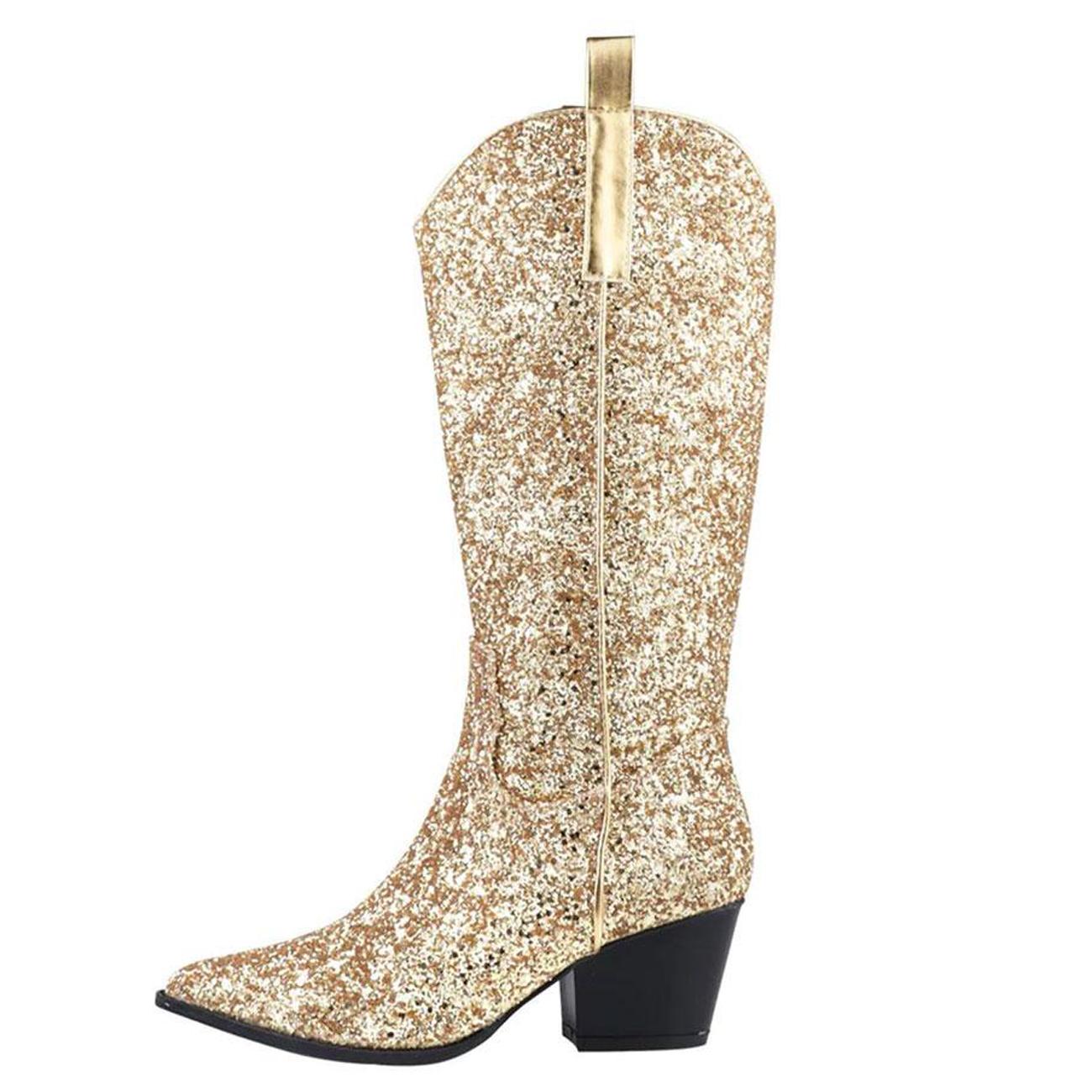 Glitter Zipper Pointy Mid Calf Cowgirl Boots In Gold Silver Black