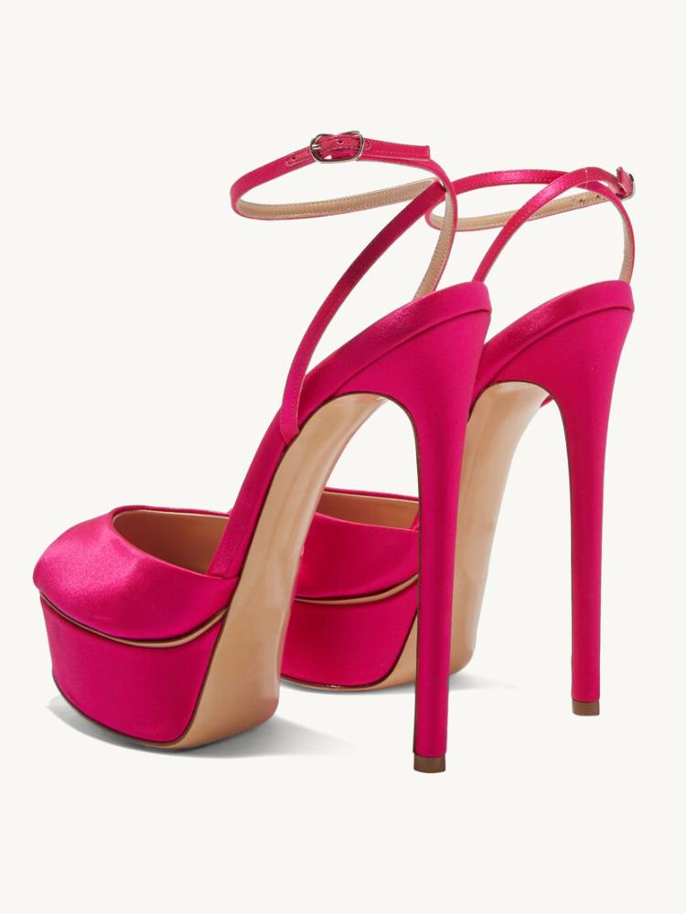 Hot Pink Platform Stiletto Heeled Sandals With Round Toe Ankle Strap