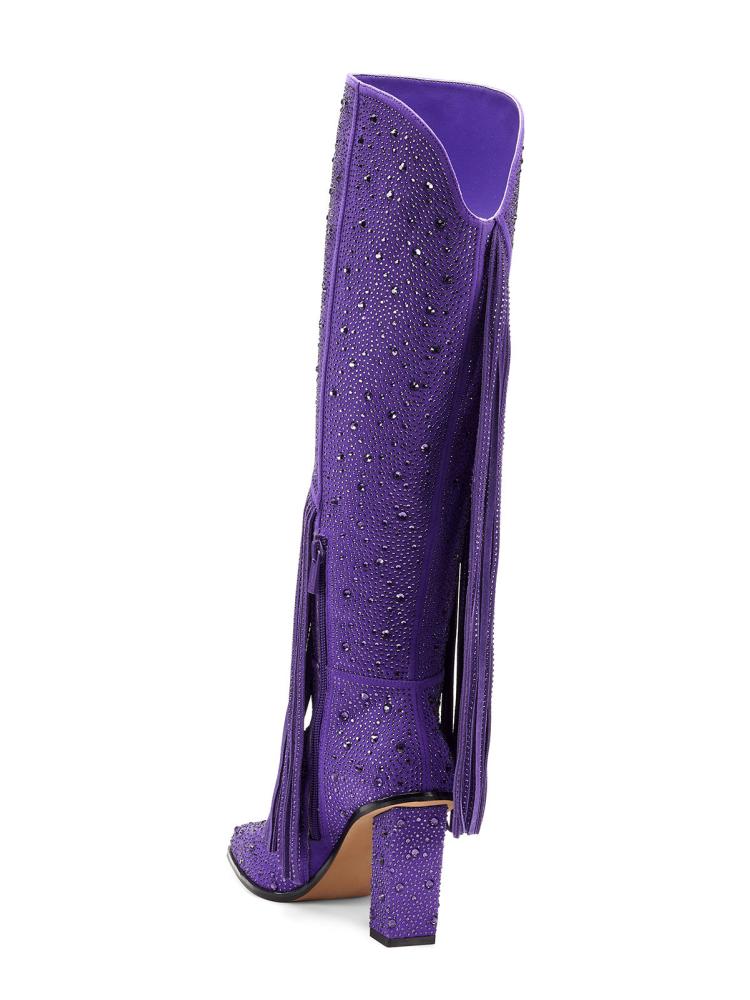 Purple Rhinestone Fringe Block Heeled Knee High Tall Boots With Zip Square Toe Wide Calf