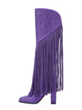 Purple Rhinestone Fringe Block Heeled Knee High Tall Boots With Zip Square Toe Wide Calf