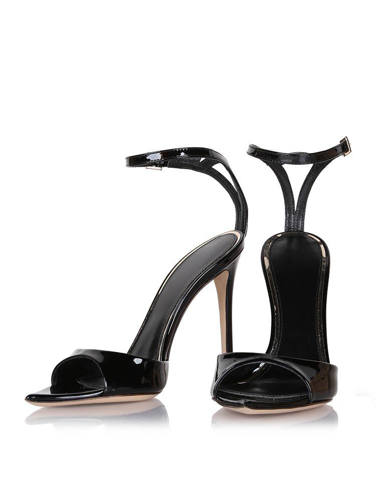 Black Patent Pointy Stiletto Heeled Dress Sandals With Buckle Ankle Strap