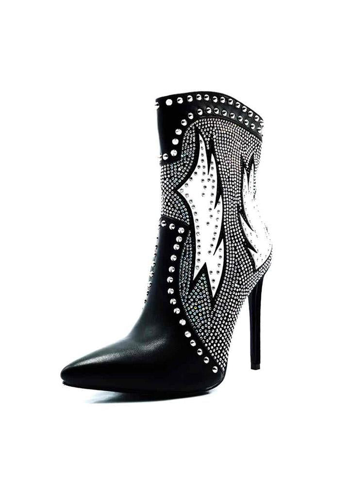 Studs Rhinestones Applique Pointed-toe High Heels Ankle Boots