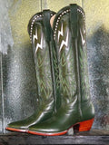 Green Inlay Lightning Embroidered Slip-On Knee High Boots Round Toe Heeled Cowgirl Boots