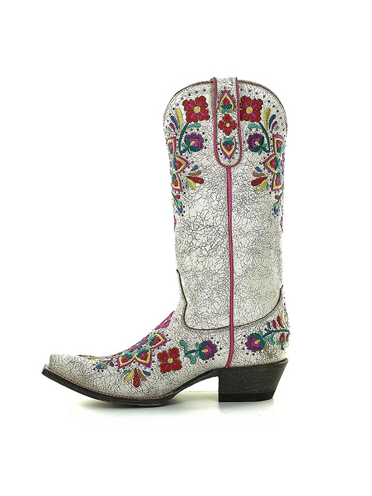 Color Floral Embroidered Retro Snip-toe Slip-on Mid-Calf Western Cowboy Boots