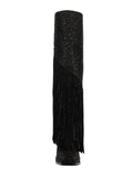 Black Rhinestone Fringe Block Heeled Knee High Tall Boots With Zip Square Toe Wide Calf