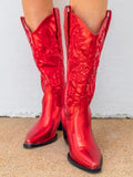 Metallic Embroidered Snip Toe Chunky Heeled Wide Mid Calf Boots Western Cowgirl Boots