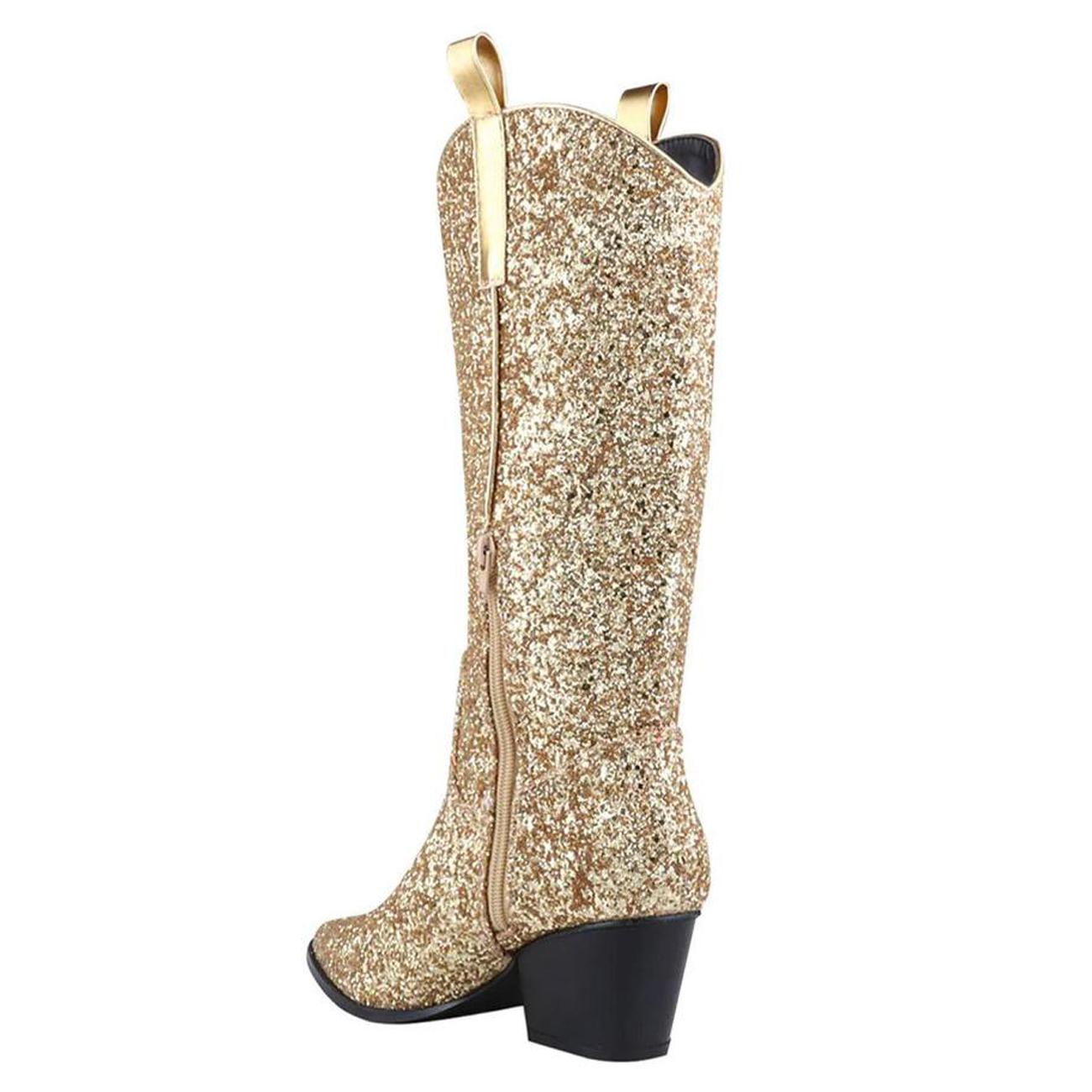 Glitter Zipper Pointy Mid Calf Cowgirl Boots In Gold Silver Black