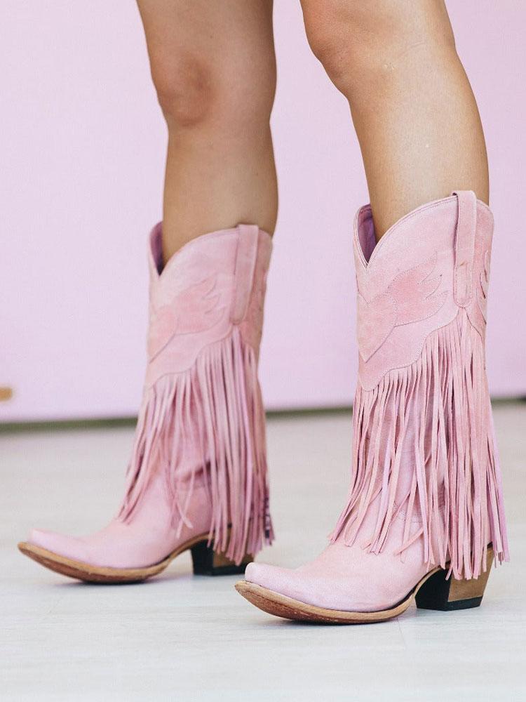 Light Pink Winged Heart Pattern Fringe Snip Western Mid Calf Boots