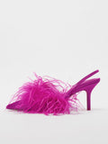 Fluffy Feather Elastic Strap Slingback Shiny Silk High-Heeled Pointed-Toe Pumps