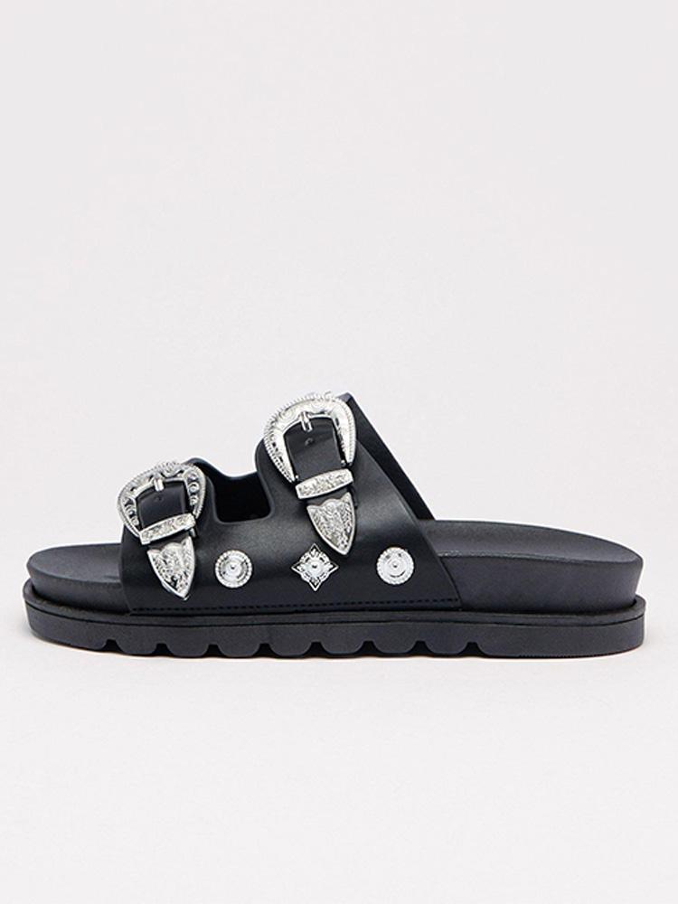 Black Vegan Leather Studded Double Buckle Open-toe Slip-on Flat Sandals With Two Bands