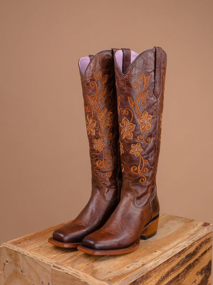 Brown Floral Embroidered Zip Square Mid Calf Cowgirl Genuine Leather Tall Boots