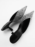 Black Rhinestone Pumps Backless Slip-On Pointy Kitten Heel Mules