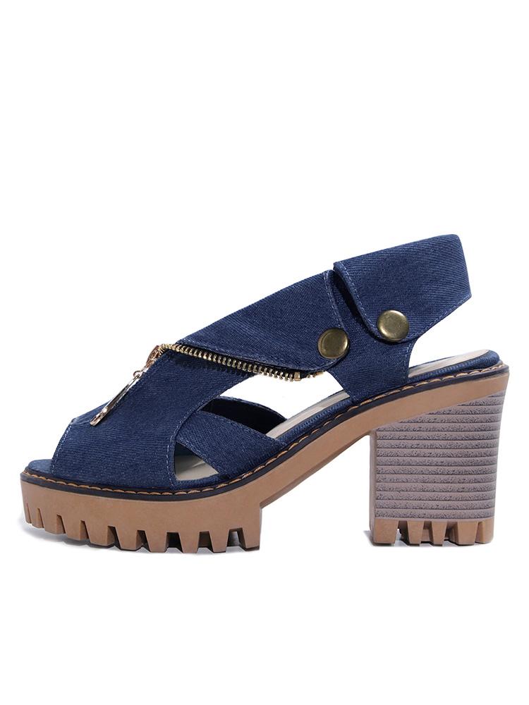 Denim Peep-toe Zip Thick Bottom Chunky High Heel Sandals With Buckles