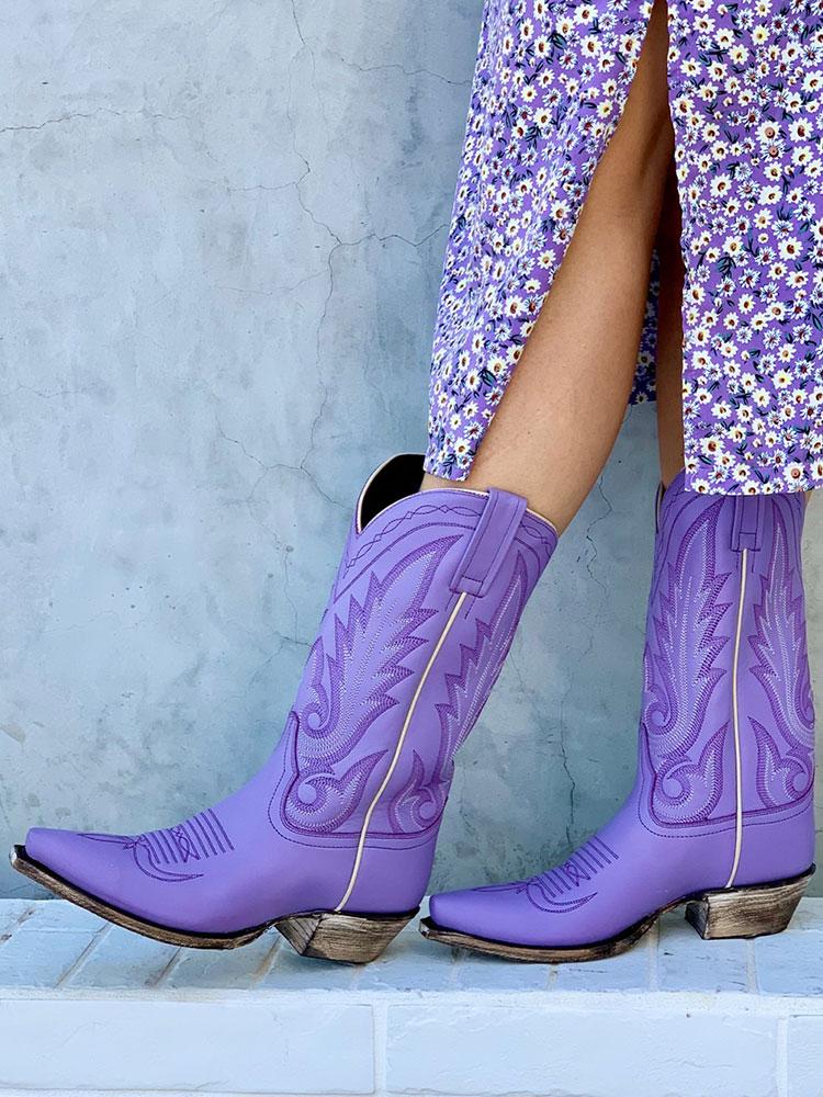 Embroidered Snip Western Wide Mid Calf Boots - Purple, Orange, Pink & Red