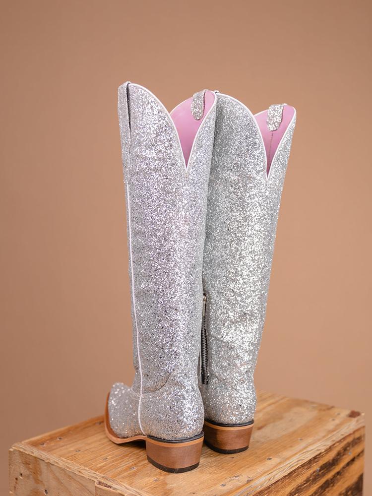 Glitter Snip Zipper Mid Calf Cowgirl Boots - Silver & Light Pink