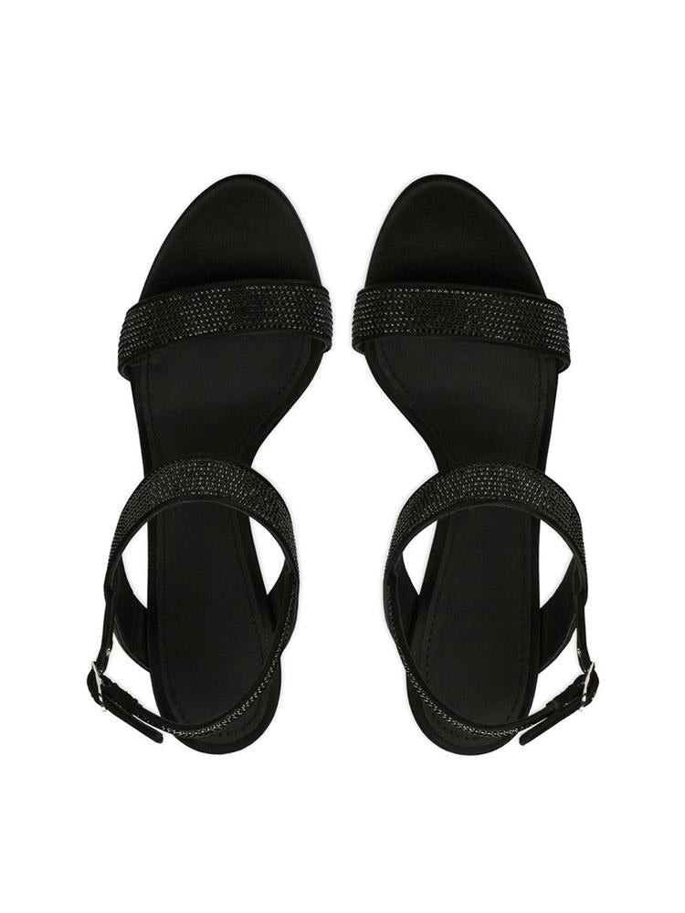 Black Vegan Leather Two Bands With Rhinestones Round-Toe Stiletto Heel Slingback Sandals With Buckle