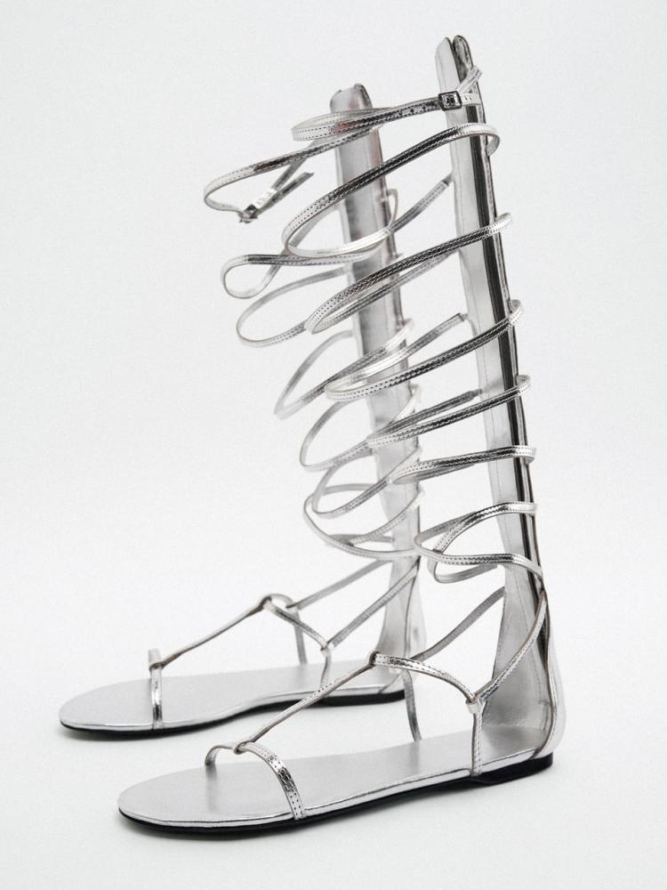 Metallic Silver Back Zip Round Toe Tall Flat Gladiator Sandals