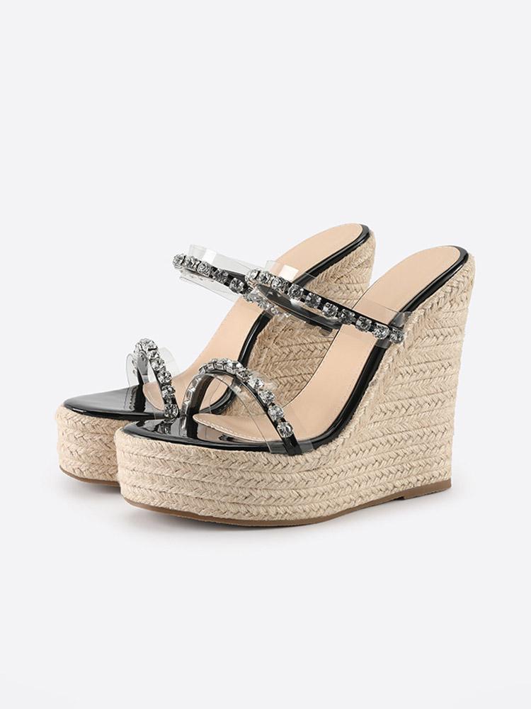 Clear Two Bands With Rhinestones Open-toe Slip-on Espadrille Wedge Sandals