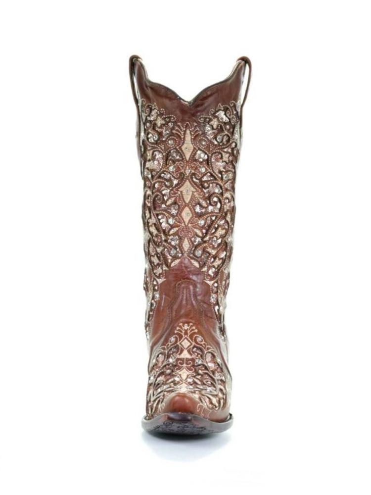 Rhinestones Cut-out Embroidery Snip-toe Wide Calf Cowgirl Boots