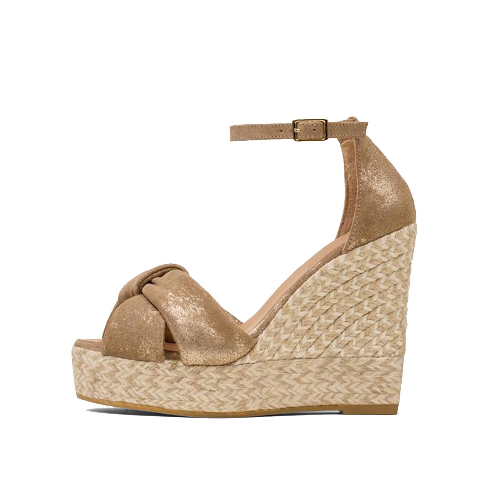 Faux Suede Knot Buckle Ankle Strap Round Raffia Platform Wedge Espadrilles Sandals