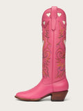 Pink Embroidered Inlay Heart Wide Calf Knee High Boots Round Toe Heeled Western Boots